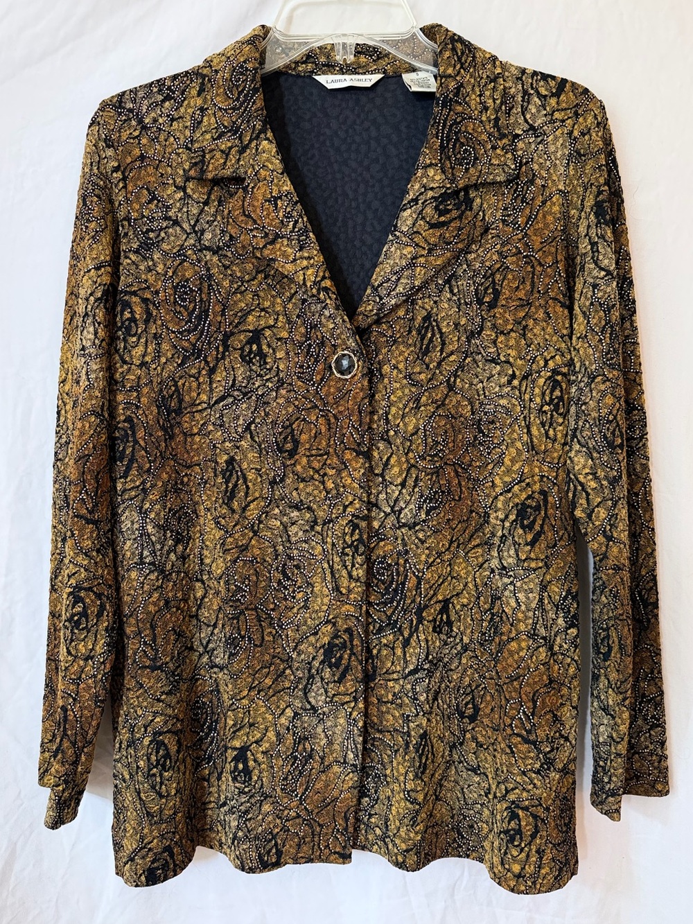 Laura Ashley Metallic Gold Rose Blazer Black Floral Formal Jacket Size S